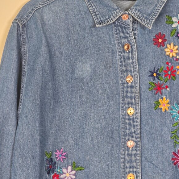 Silver Threads Embroidered Denim Shirt Women Size Large Floral Flowers Jean Art - Picture 2 of 9